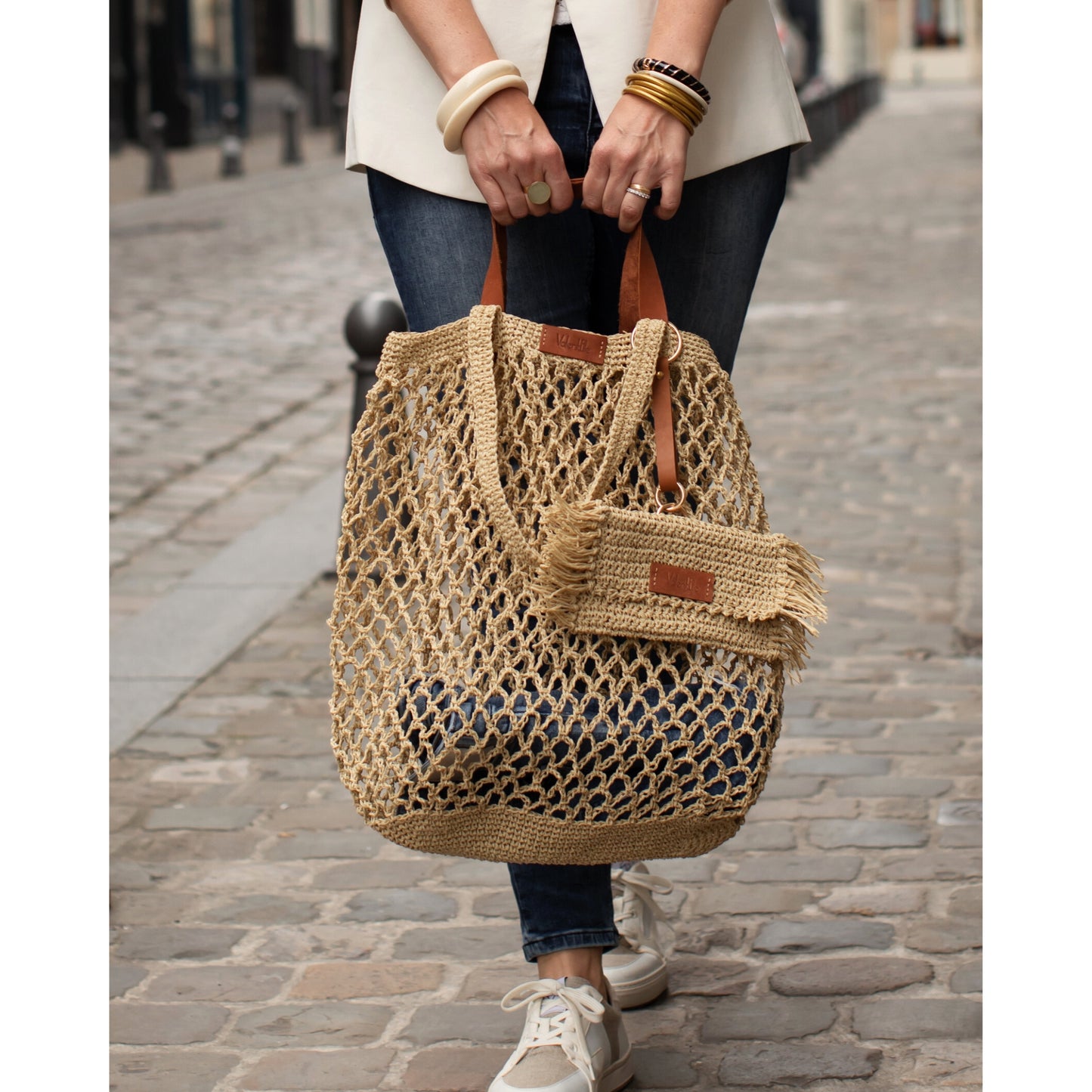 Straw Mesh Beach Bag, Beige