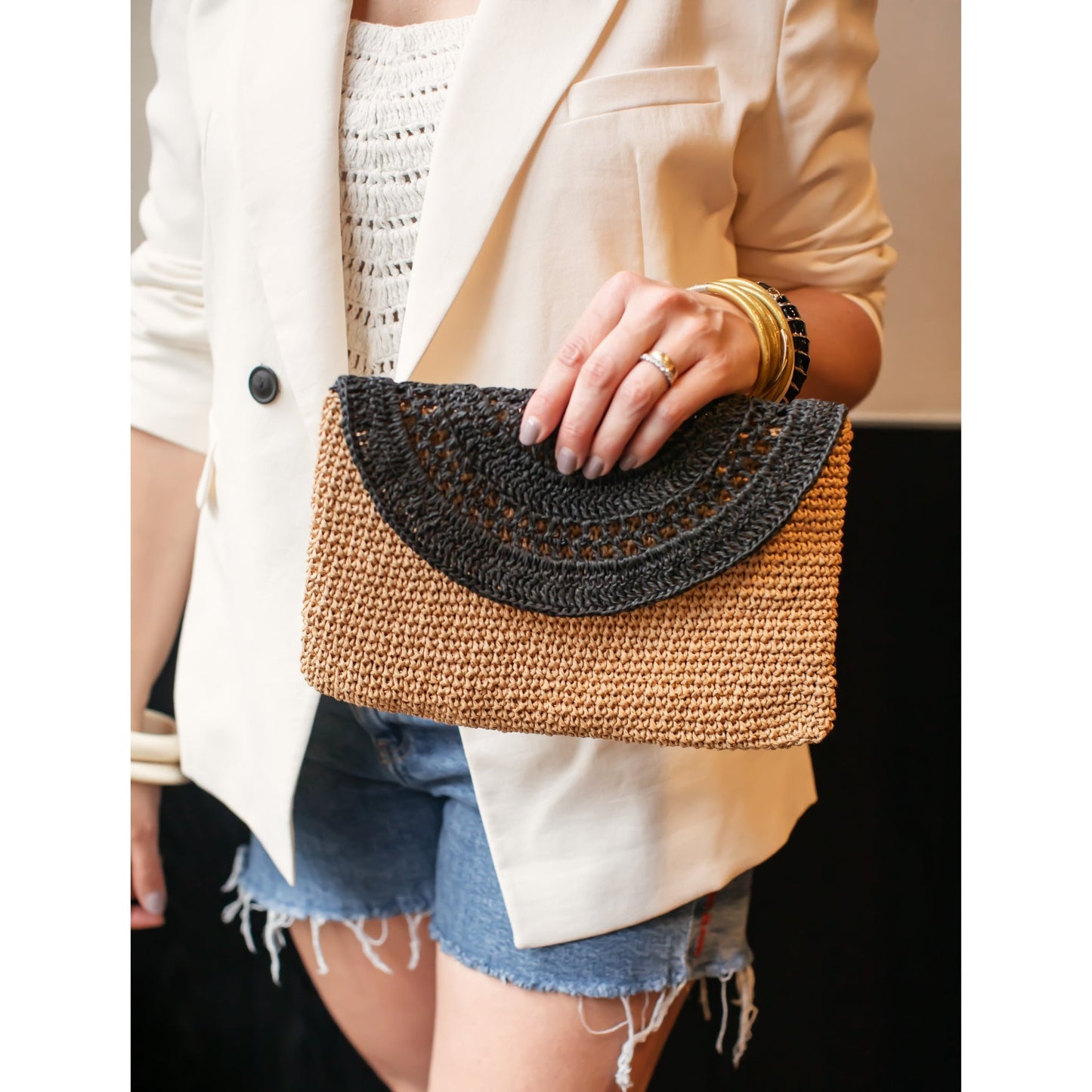 Straw Summer Clutch Bag, Black Straw