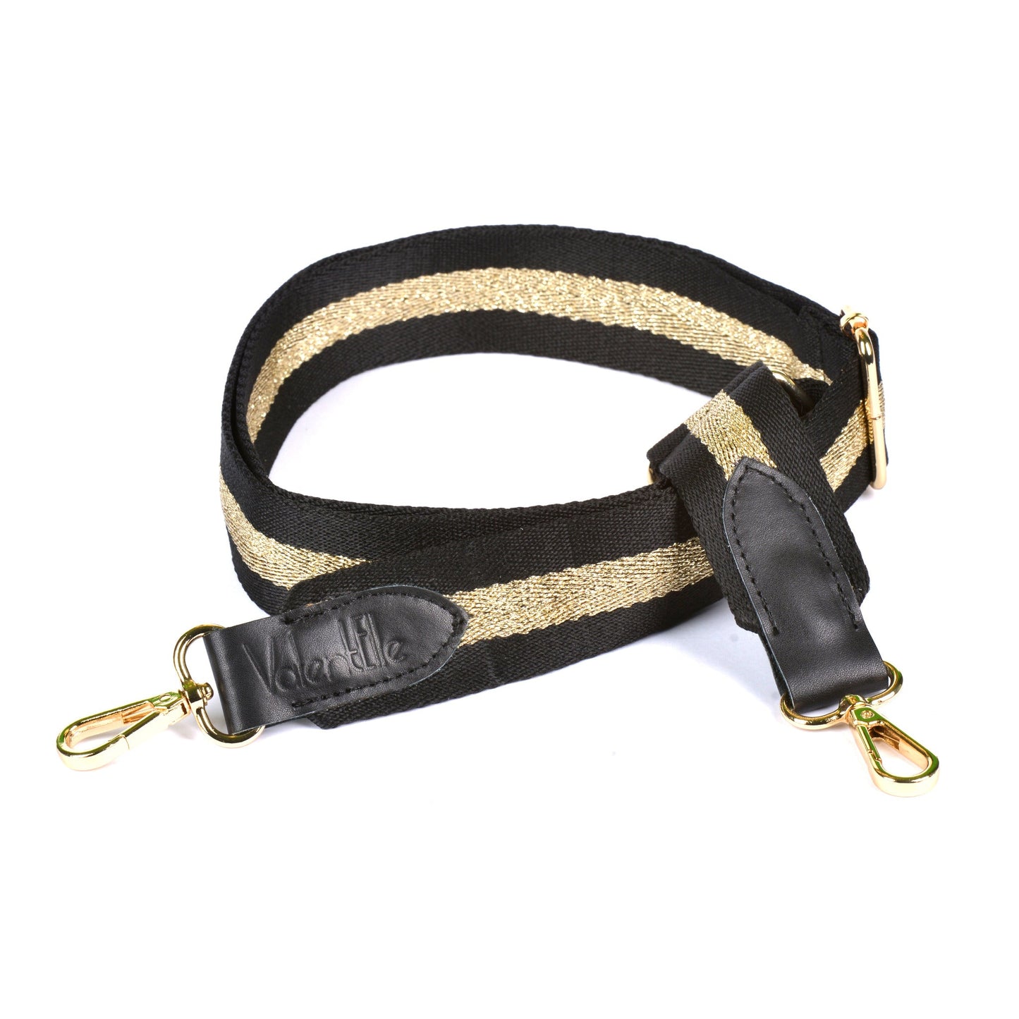 Adjustable purse strap with black and gold color scheme, featuring leather patches and stainless steel metal accessories.