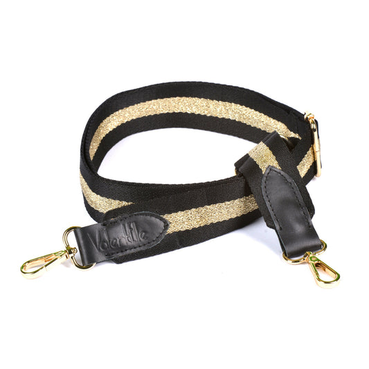 Adjustable purse strap with black and gold color scheme, featuring leather patches and stainless steel metal accessories.