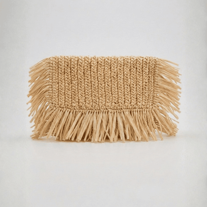 fringed natural raffia summer clutch bag