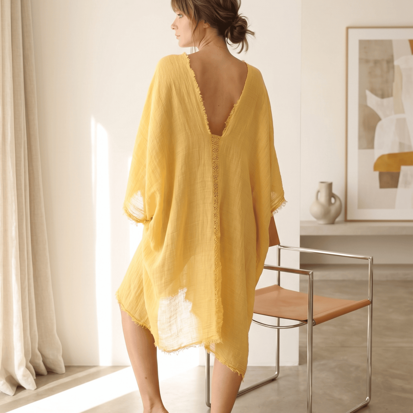CHIC LIGHT BLACK MUSLIN BEACH COVER UP KAFTAN DRESS