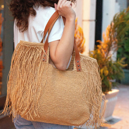 Chic Raffia Beach Bag, Olive