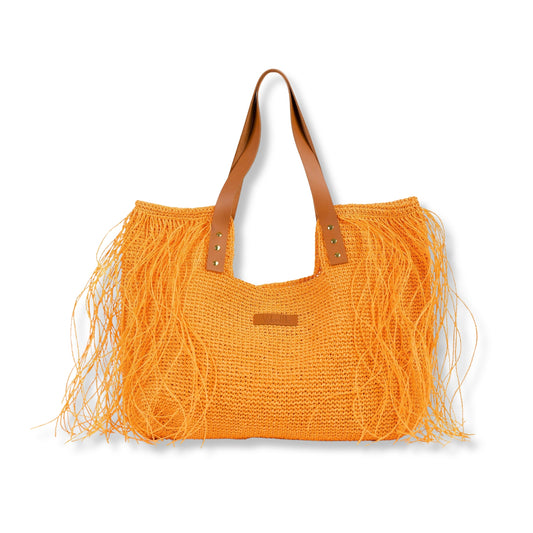Large Fringed Straw Beach Bag, Straw 