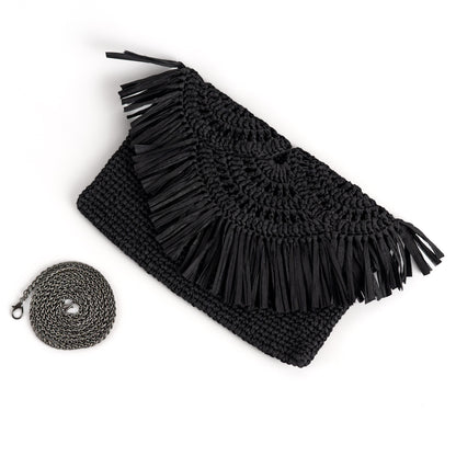 Straw Summer Clutch Bag, Black Straw