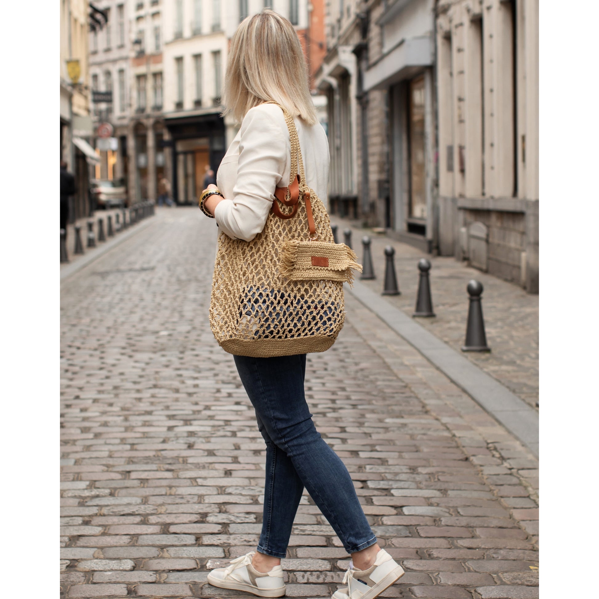 Straw Mesh Beach Bag, Beige