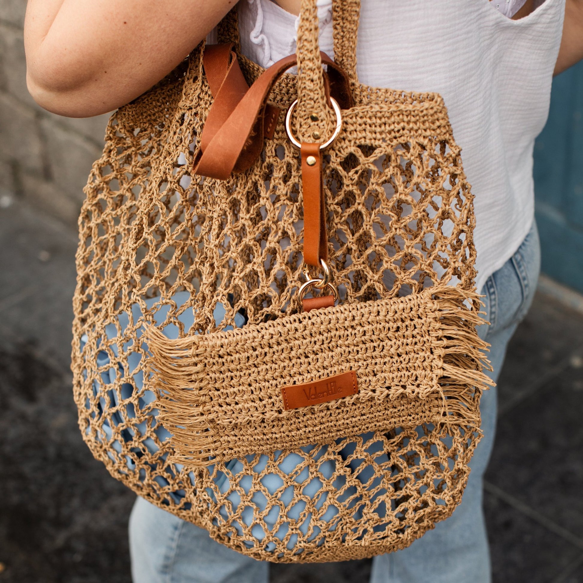 Straw Mesh Beach Bag, Beige