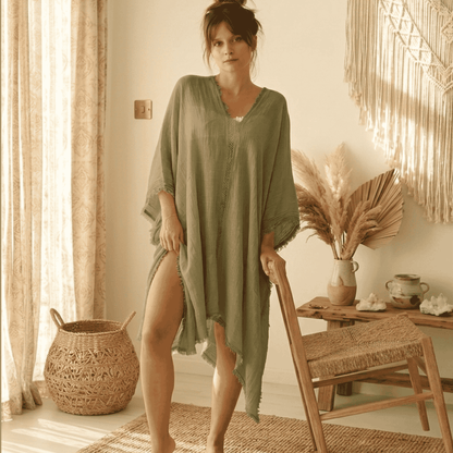 CHIC LIGHT MUSLIN BEACH COVER UP KAFTAN DRESS