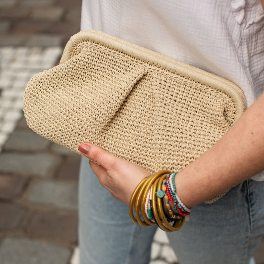 Straw Wedding Clutch Bag, Beige