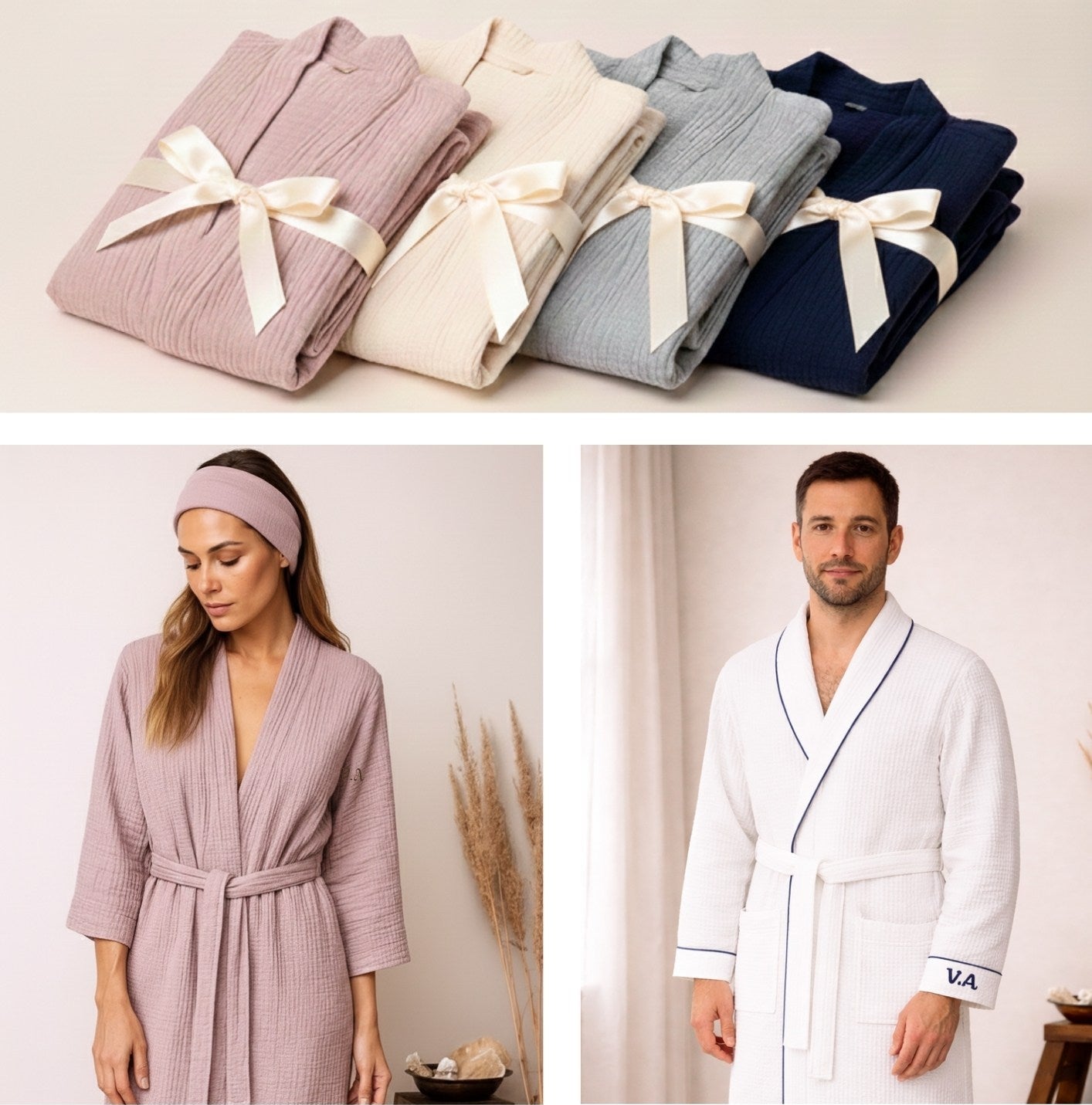Collage of folded hotel robes in various colors with a woman and man wearing white robes.