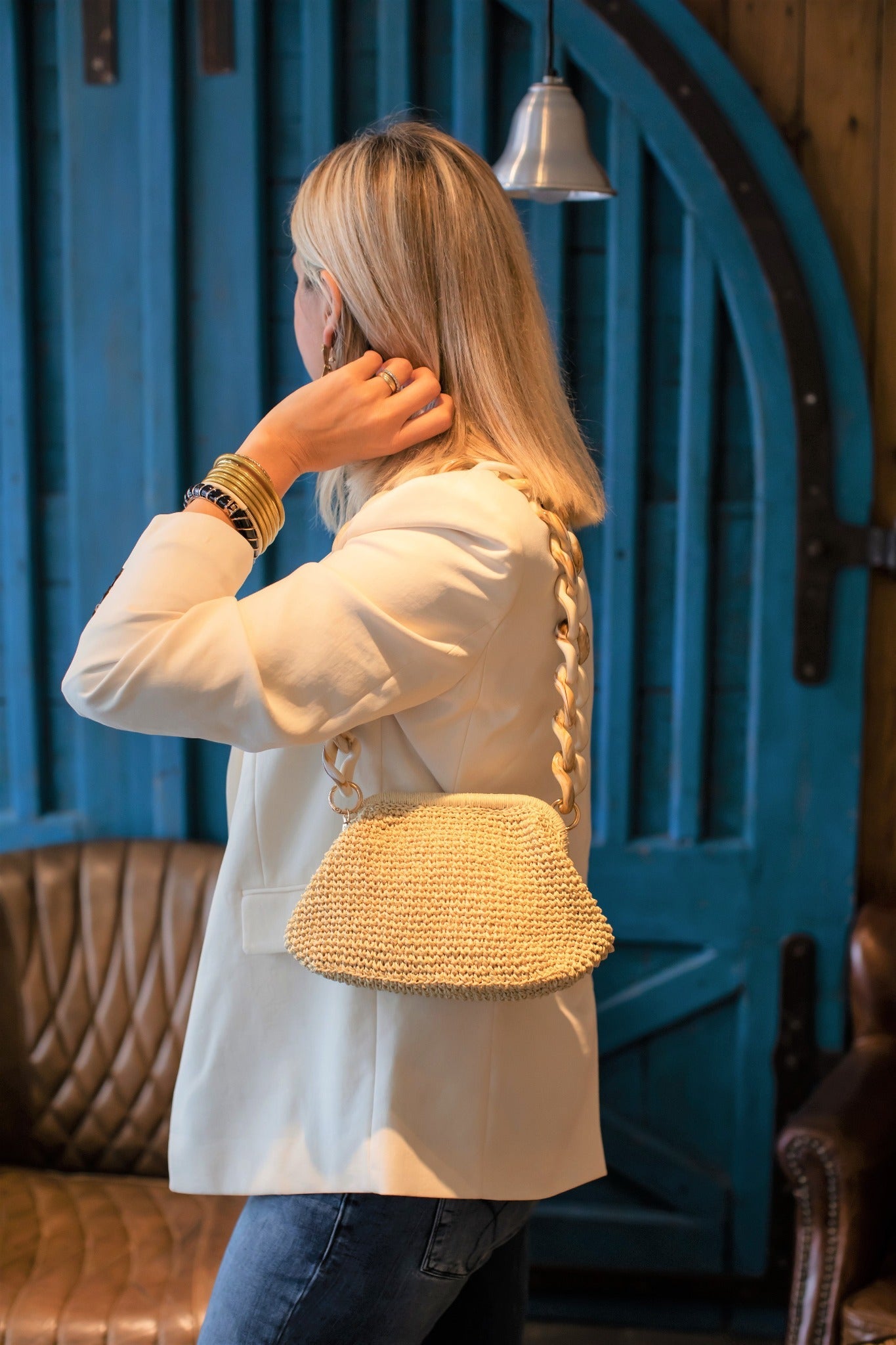 Straw Crossbody Bag, Beige