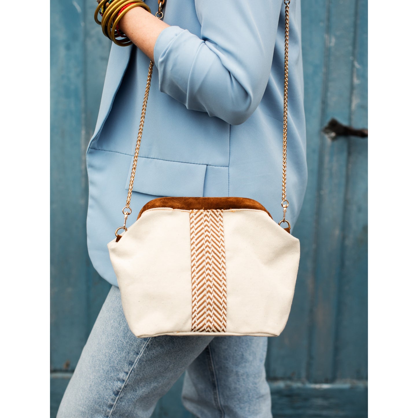White Canvas Clutch Bag, Beige