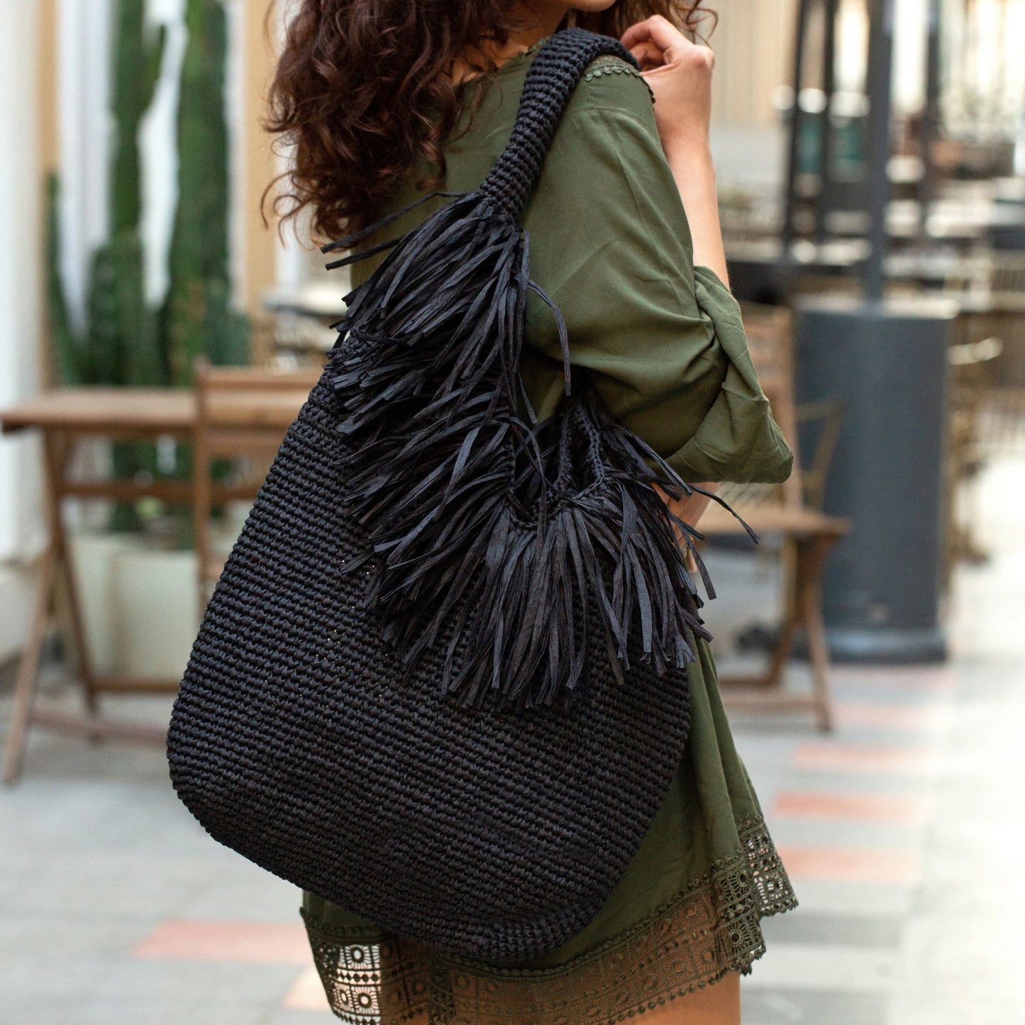 Black Raffia Beach Bag, Black
