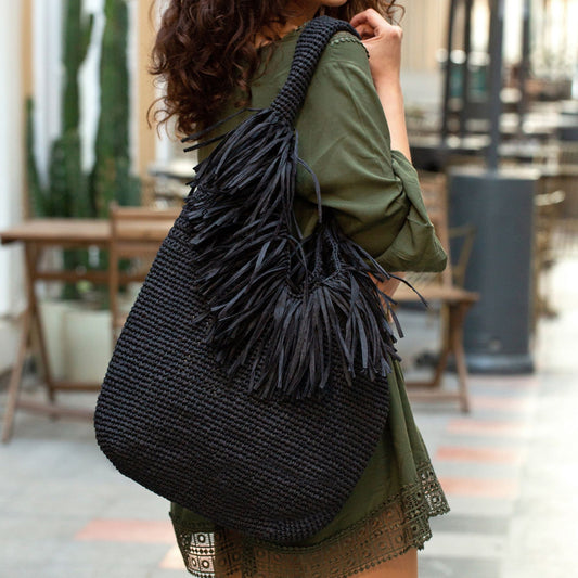 Black Raffia Beach Bag, Black